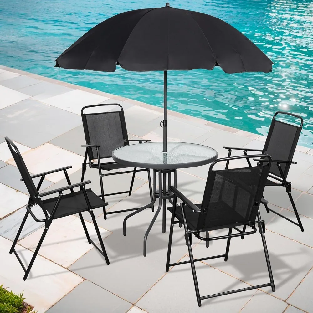 6 Piece Patio Dining Set With Umbrella, Outdoor Furniture Set With 4 Folding Chairs And Tempered Glass Top Dining Table
6 Piece Patio Dining Set With Umbrella, Outdoor Furniture Set With 4 Folding Chairs And Tempered Glass Top Dining Table