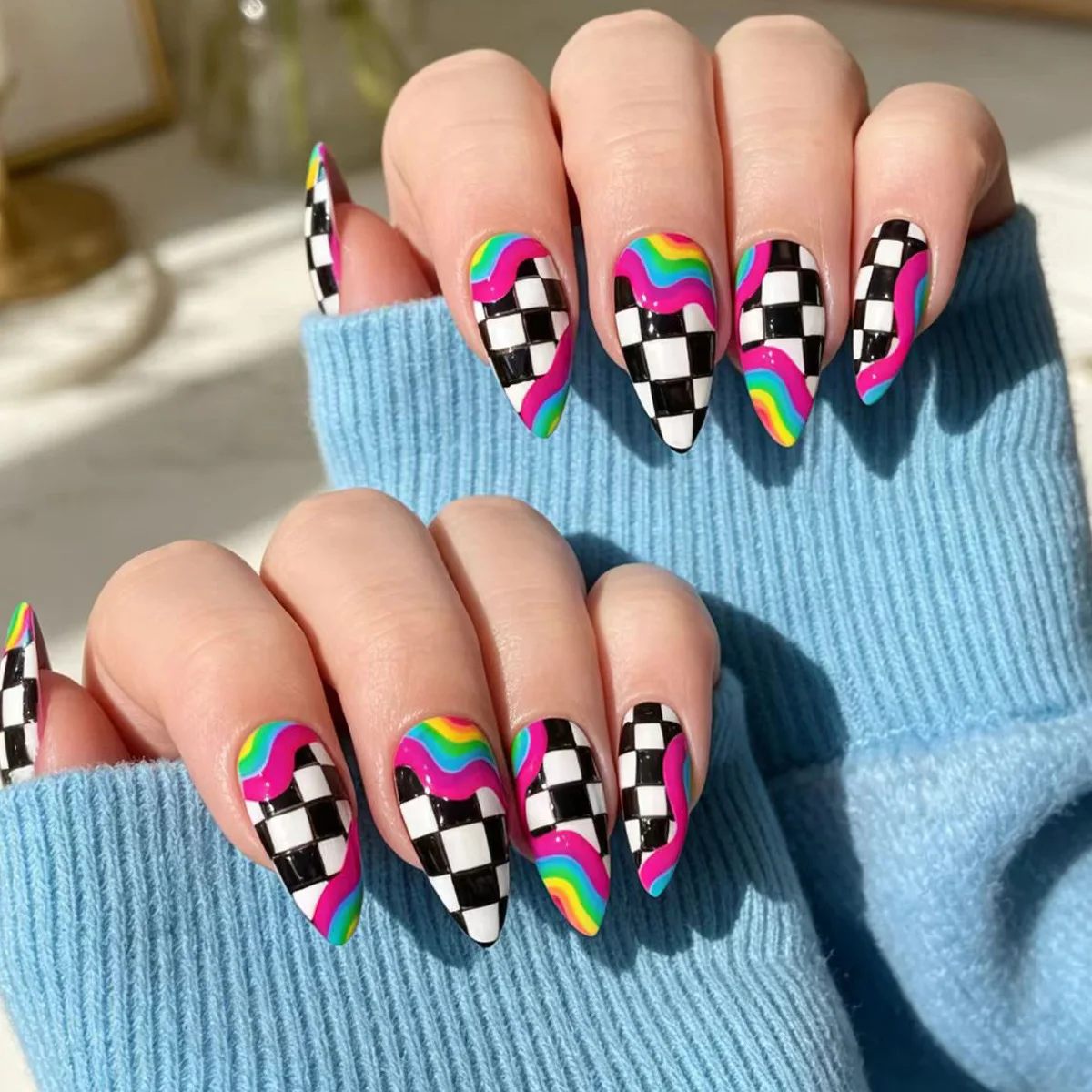 24Pcs Black-and-White Checkered Press on Nail Neon Colors Fake Nail Short Almond Full Coverage Tips for Women&Girl False Nail
24Pcs Black-and-White Checkered Press on Nail Neon Colors Fake Nail Short Almond Full Coverage Tips for Women&Girl False Nail
