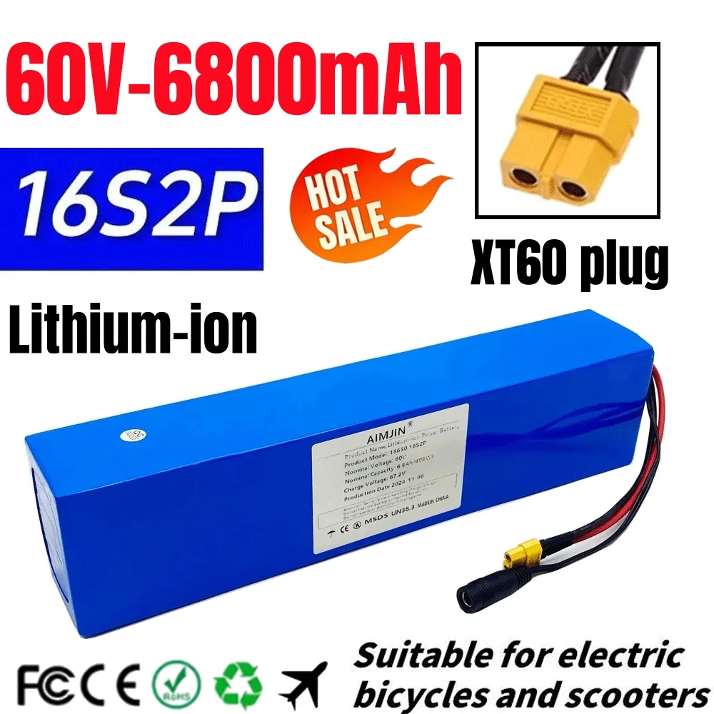 60V 6800mAh High Capacity Lithium Battery 16S2P 18650 Electric Scooter Battery Pack With 1000W BMS Charger 67.2V
60V 6800mAh High Capacity Lithium Battery 16S2P 18650 Electric Scooter Battery Pack With 1000W BMS Charger 67.2V