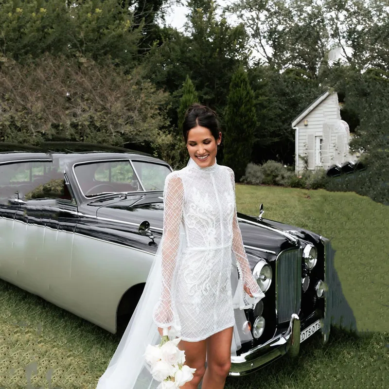 Customized Exquisite White Mini Mermaid Wedding Dress Simple High Neck Long Sleeves Illusion Lace Appliques Short Wedding Gowns
Customized Exquisite White Mini Mermaid Wedding Dress Simple High Neck Long Sleeves Illusion Lace Appliques Short Wedding Gowns