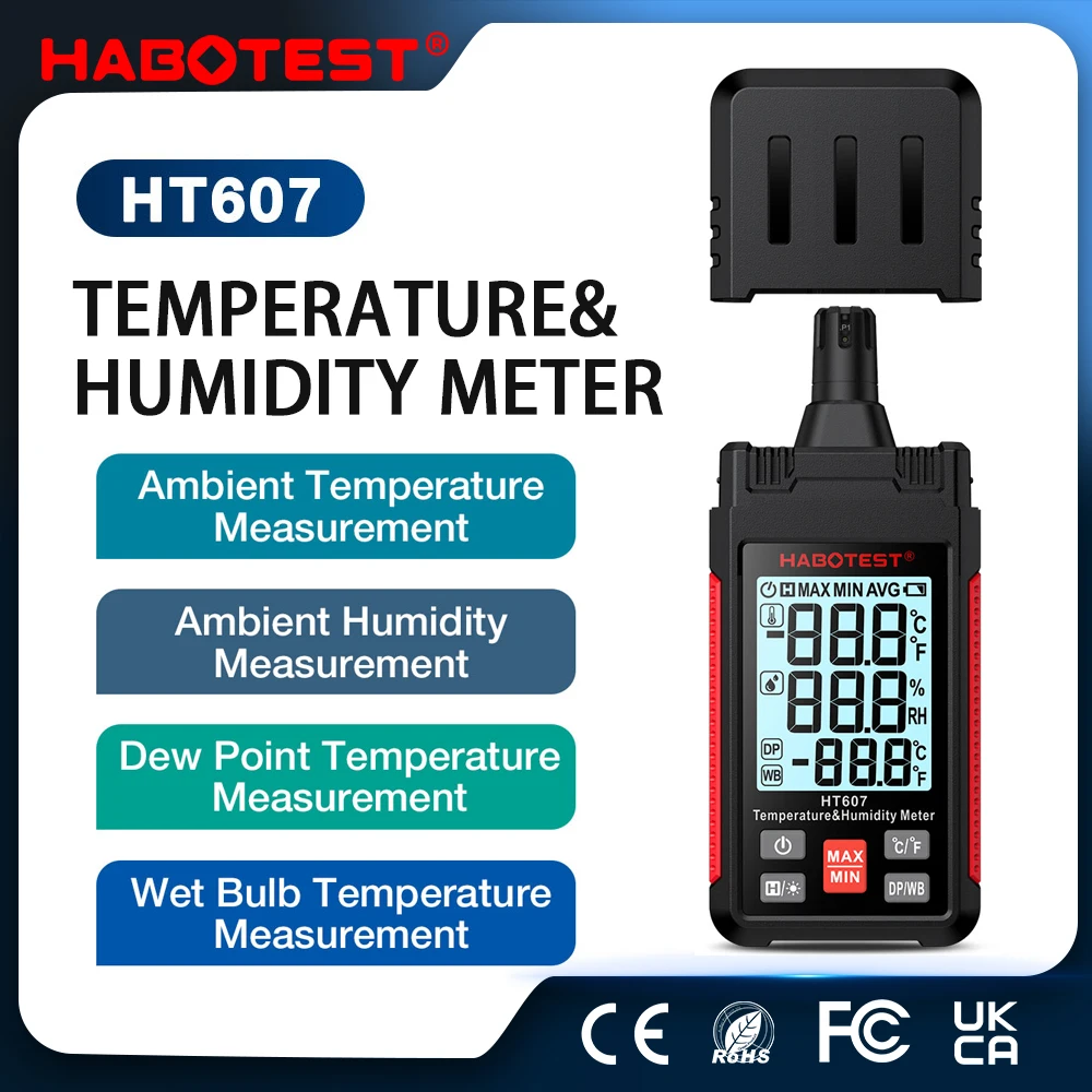 HABOTEST HT607 Digital Temperature Humidity Meter High Precision Digital Hygrometer with Ambient Dew Point Humidity Meter
HABOTEST HT607 Digital Temperature Humidity Meter High Precision Digital Hygrometer with Ambient Dew Point Humidity Meter