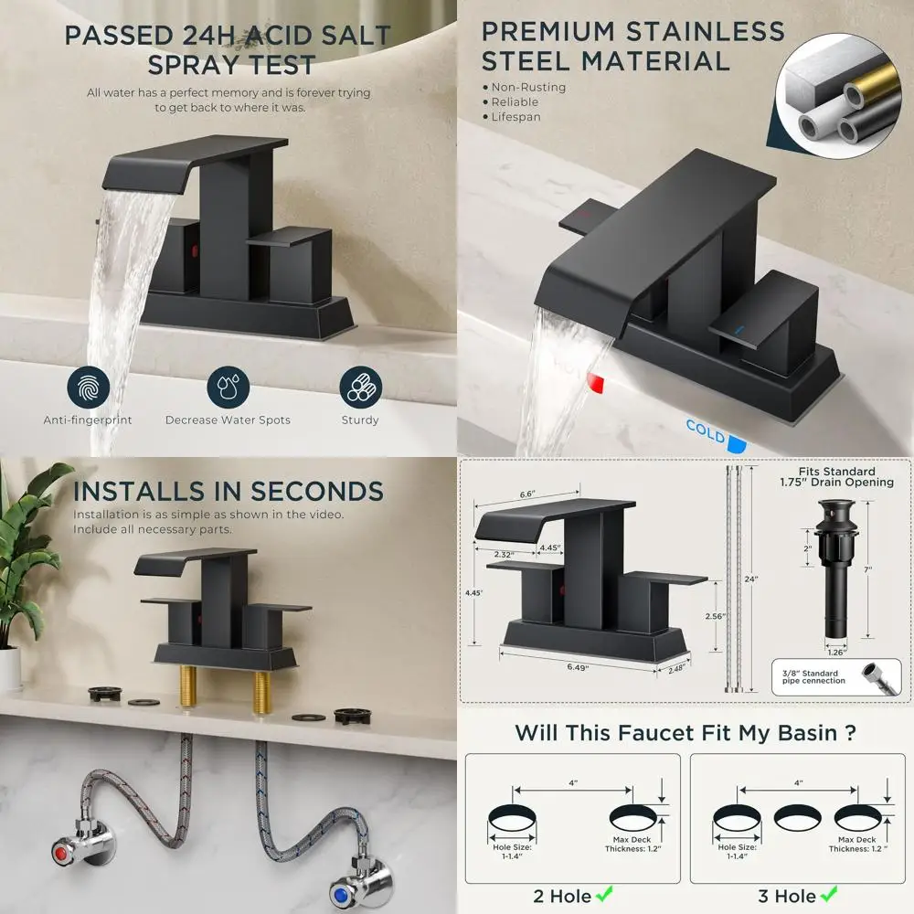 Matte Black 3 or 2-Hole Centerset Faucets for 4 Sinks, Metal Drain & Hose, Double Handle, Ideal for Vanity and RV Remodel
Matte Black 3 or 2-Hole Centerset Faucets for 4 Sinks, Metal Drain & Hose, Double Handle, Ideal for Vanity and RV Remodel