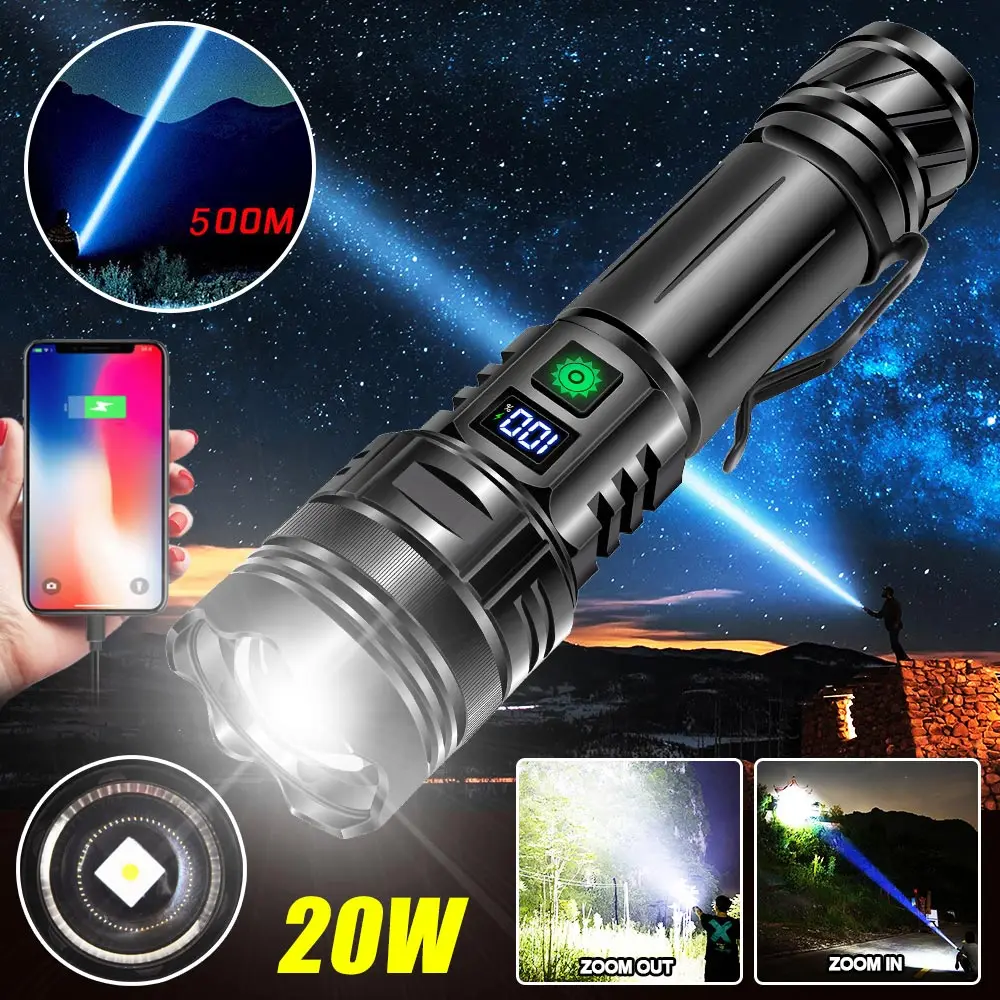 Powerful 20W White Laser Long Shot Zoomable Flashlight USB Rechargeable Torch Hunting Camping Spotlight Lantern As Power Bank
Powerful 20W White Laser Long Shot Zoomable Flashlight USB Rechargeable Torch Hunting Camping Spotlight Lantern As Power Bank