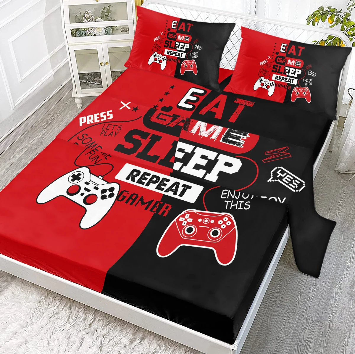Black Red Video Game Controller Splice Printed Bed Sheets 4-Piece Breathable Soft Includes 1 Flat Sheet,1 Fitted Sheet,2 Shams
Black Red Video Game Controller Splice Printed Bed Sheets 4-Piece Breathable Soft Includes 1 Flat Sheet,1 Fitted Sheet,2 Shams