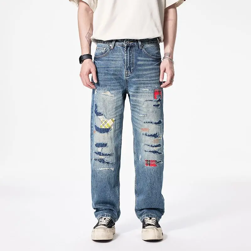 Autumn Men's Loose Straight High Street Patch High Quality Ripped Mens Jeans Streetwear Jeans For Men Clothing 
Autumn Men's Loose Straight High Street Patch High Quality Ripped Mens Jeans Streetwear Jeans For Men Clothing