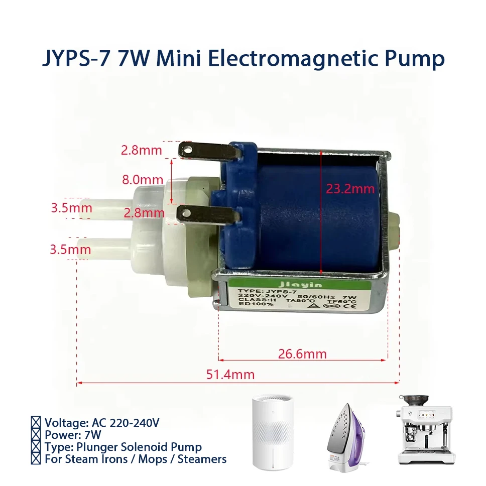 JYPS-7 7W Electromagnetic Pump Mini Water Suction for Handheld Iron Steam Mop Garment Steamer Coffee Machine AC220-240V
JYPS-7 7W Electromagnetic Pump Mini Water Suction for Handheld Iron Steam Mop Garment Steamer Coffee Machine AC220-240V