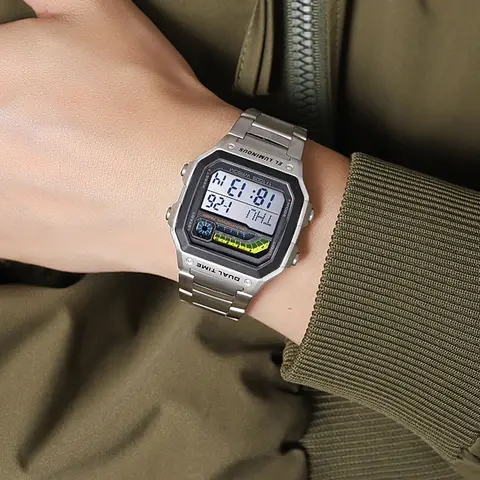 Digital Sports Watch Outdoor Stainless Steel Strap LED Backlight