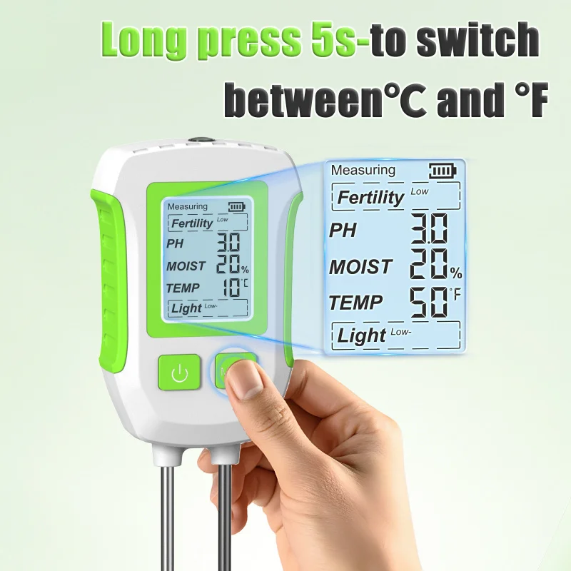 5-in-1 High Accuracy Soil Tester, Dual Probe Soil Moisture Temperature Humidity PH Fertility Light Detector Meter
5-in-1 High Accuracy Soil Tester, Dual Probe Soil Moisture Temperature Humidity PH Fertility Light Detector Meter