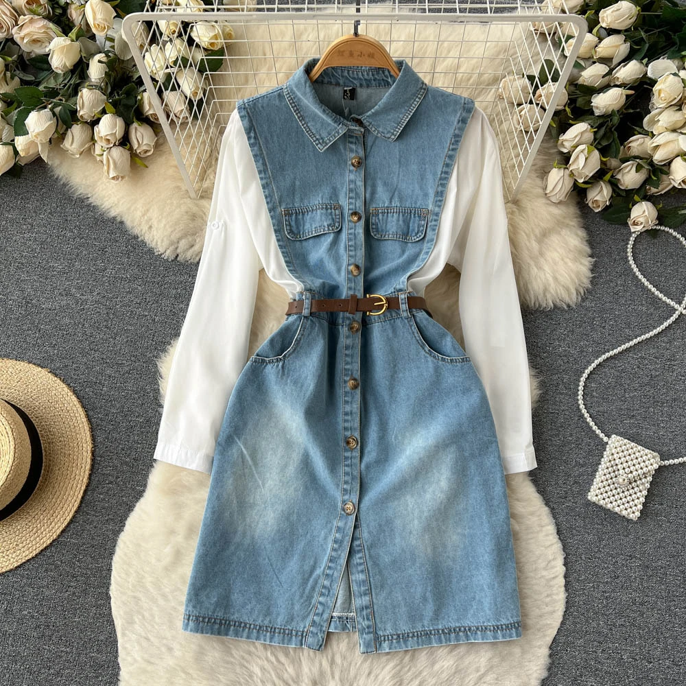 Chiffon Long Sleeve Denim Dress 2023 Spring Summer Turn Down Collar Single-Breasted Chiffon Patchwork Jean Skirt Dresses
Chiffon Long Sleeve Denim Dress 2023 Spring Summer Turn Down Collar Single-Breasted Chiffon Patchwork Jean Skirt Dresses