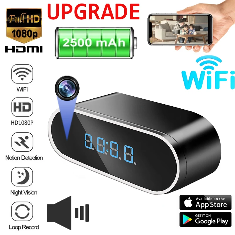 Upgrade 2500mAh 1080P Mini Camera Clock HD WIFI Control Wide Angle IR Night Vision View Alarm Camcorder Home Surveillance Camera
Upgrade 2500mAh 1080P Mini Camera Clock HD WIFI Control Wide Angle IR Night Vision View Alarm Camcorder Home Surveillance Camera