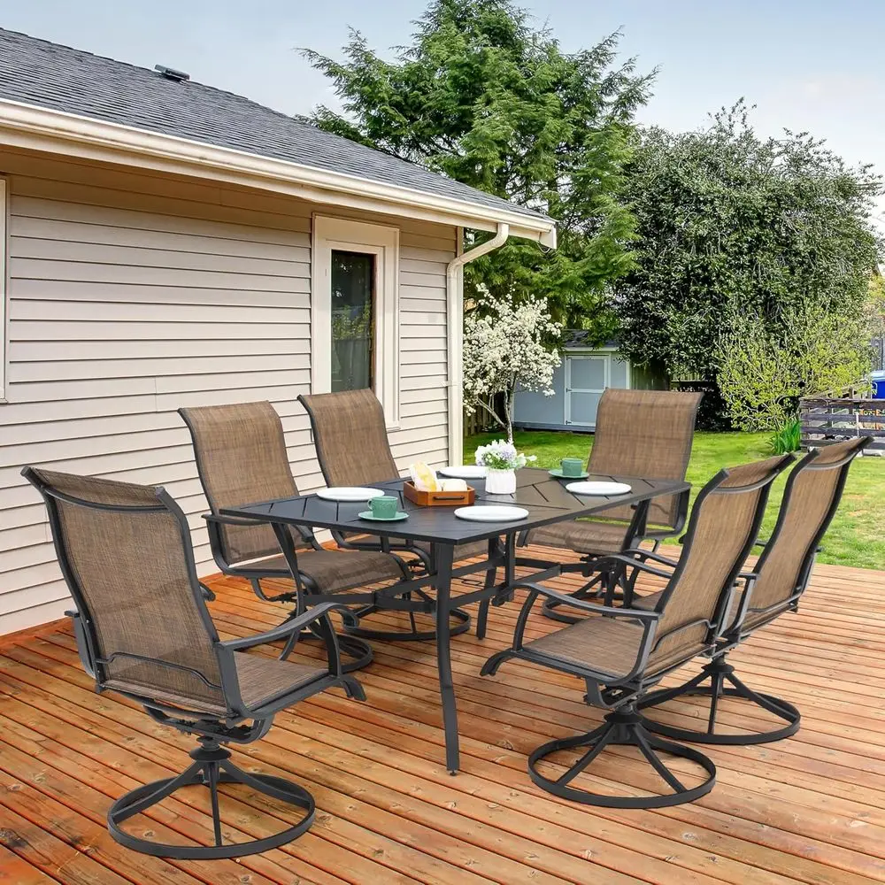 7-Piece Outdoor Dining Set with Iron Table, Umbrella Hole, and 6 Swivel Textilene Chairs in Brown and Black
7-Piece Outdoor Dining Set with Iron Table, Umbrella Hole, and 6 Swivel Textilene Chairs in Brown and Black