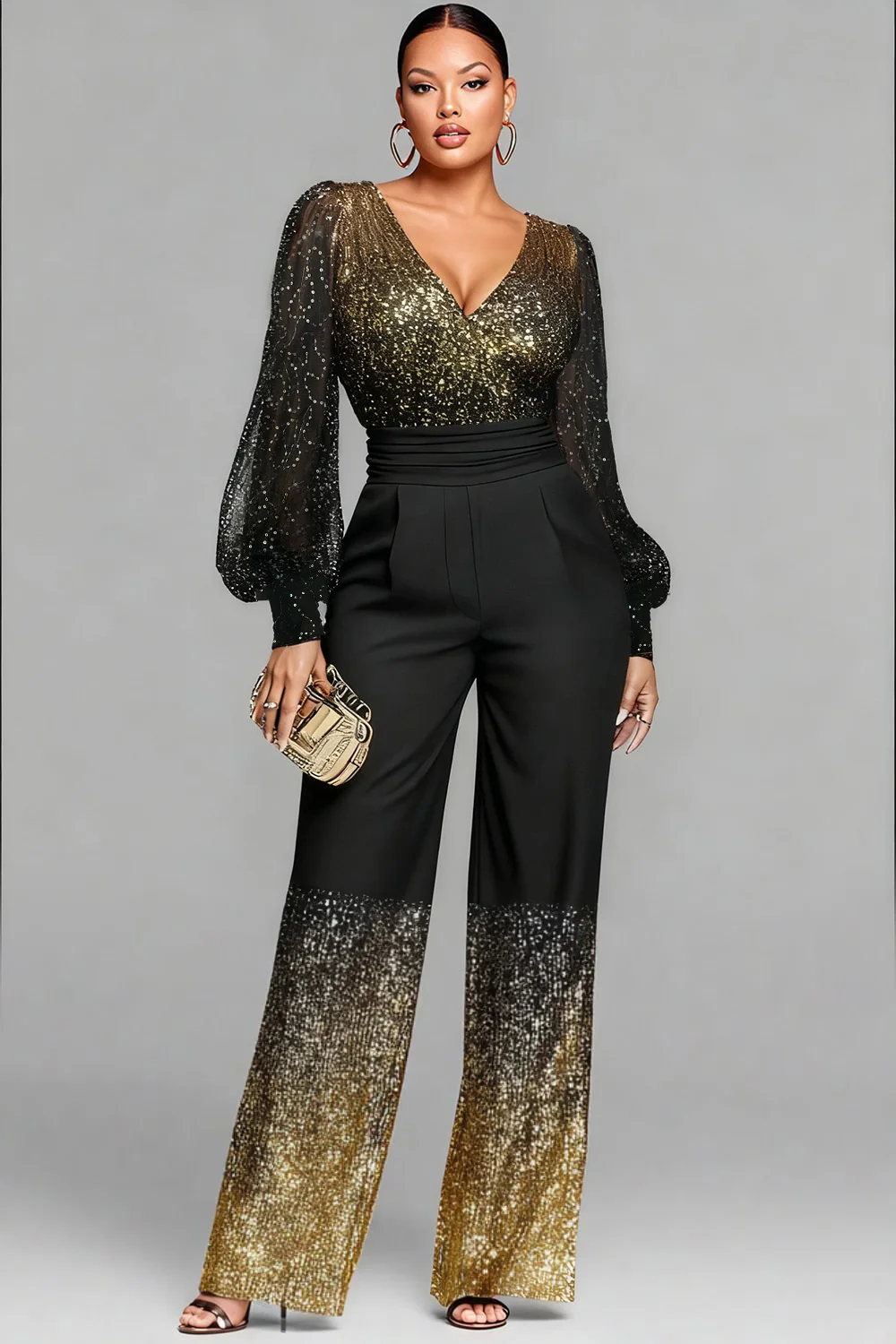 Plus Size Cocktail Party Black Gradient V Neck Long Sleeve Pocket Elegant Sequin Jumpsuits
Plus Size Cocktail Party Black Gradient V Neck Long Sleeve Pocket Elegant Sequin Jumpsuits