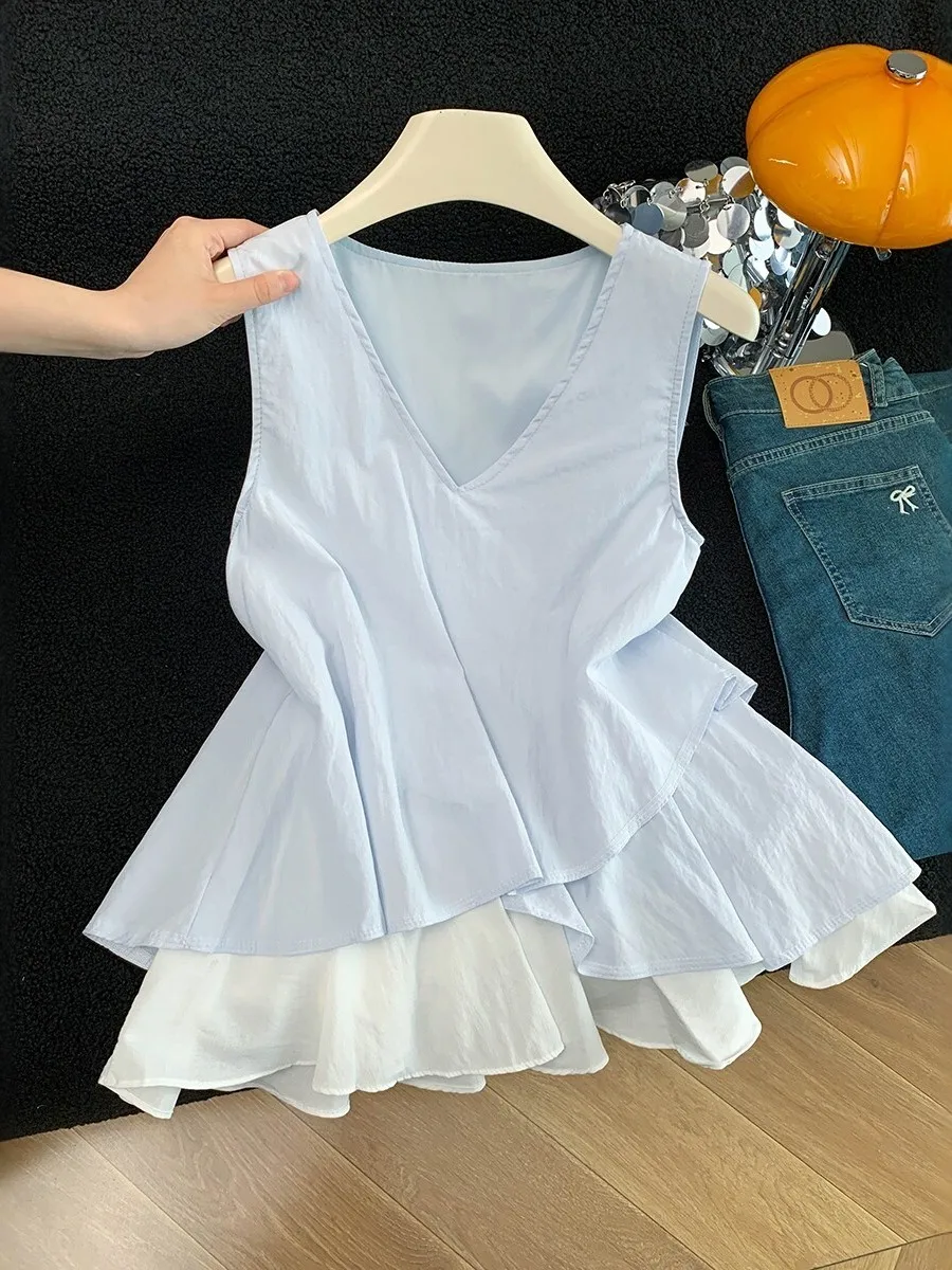 Korean Style Uneven Splicing Sleeveless Shirt Women Summer Loose Slimming Unique Super Beautiful Small Shirt V-neck Thin
Korean Style Uneven Splicing Sleeveless Shirt Women Summer Loose Slimming Unique Super Beautiful Small Shirt V-neck Thin