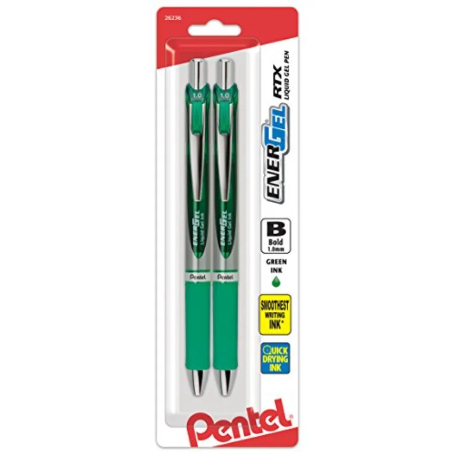 EnerGel RTX Retractable Liquid Gel Pen, 1.0mm,Bold Line, Metal Tip, Green Ink, Pack of 2 (BL80BP2D)
EnerGel RTX Retractable Liquid Gel Pen, 1.0mm,Bold Line, Metal Tip, Green Ink, Pack of 2 (BL80BP2D)