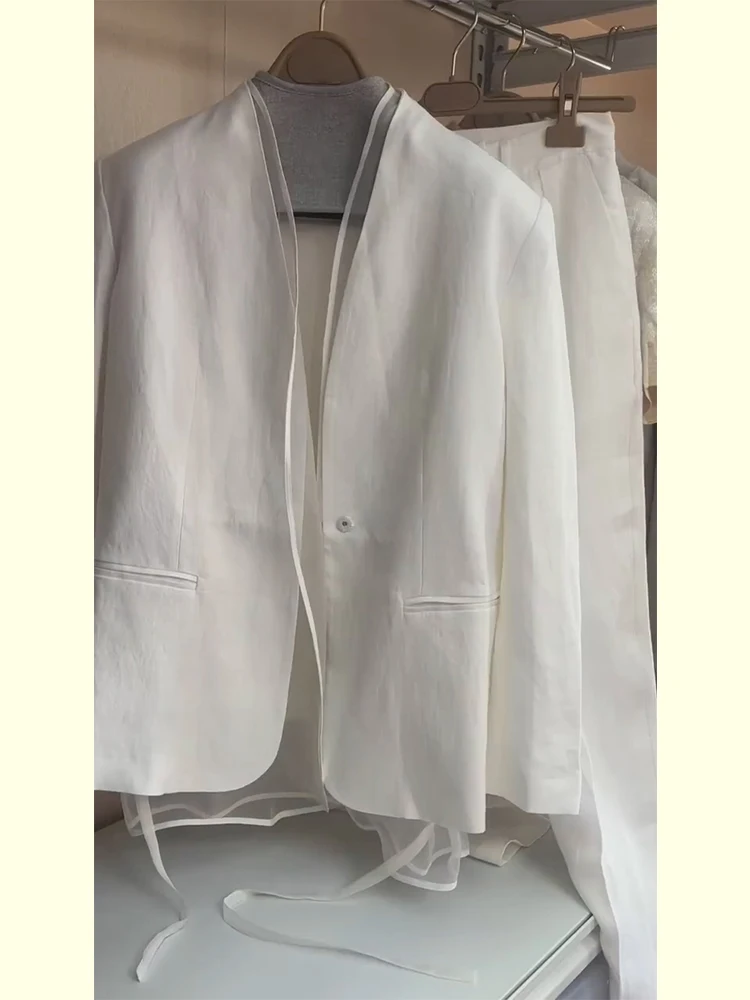 Elegant White V-Neck Suit Jacket And Wide Leg Pants Set Women's High-End Spring Summer Fashion Two-Piece Ensemble
Elegant White V-Neck Suit Jacket And Wide Leg Pants Set Women's High-End Spring Summer Fashion Two-Piece Ensemble