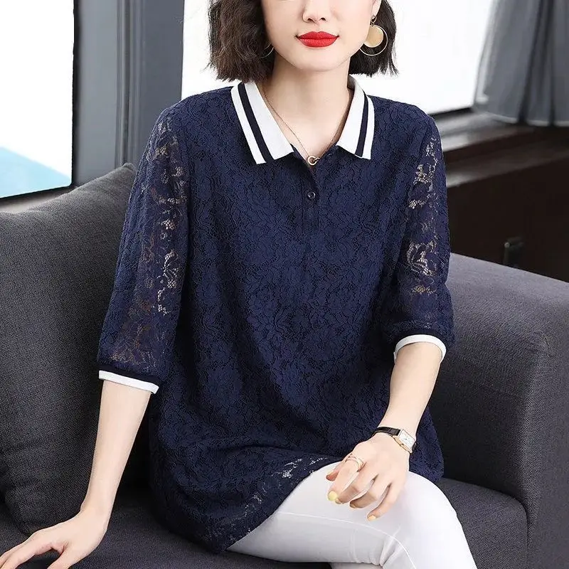 Simplicity Solid Short Sleeve Women's Clothing Ladies Spring Autumn Thin Lace Turn-down Collar Pullovers 2023 New Loose T-Shirts
Simplicity Solid Short Sleeve Women's Clothing Ladies Spring Autumn Thin Lace Turn-down Collar Pullovers 2023 New Loose T-Shirts