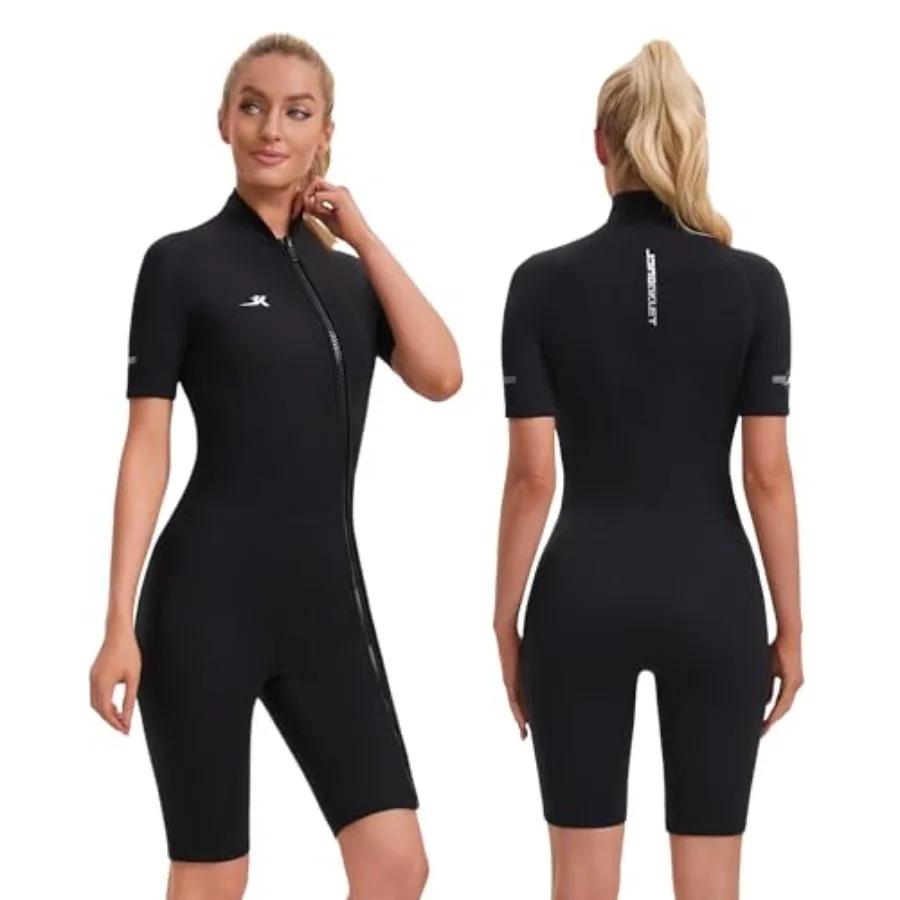 Womens 2mm Shorty Wetsuit for swimming, surfing, diving: front zip, neoprene, black, lightweight thermal protection
Womens 2mm Shorty Wetsuit for swimming, surfing, diving: front zip, neoprene, black, lightweight thermal protection