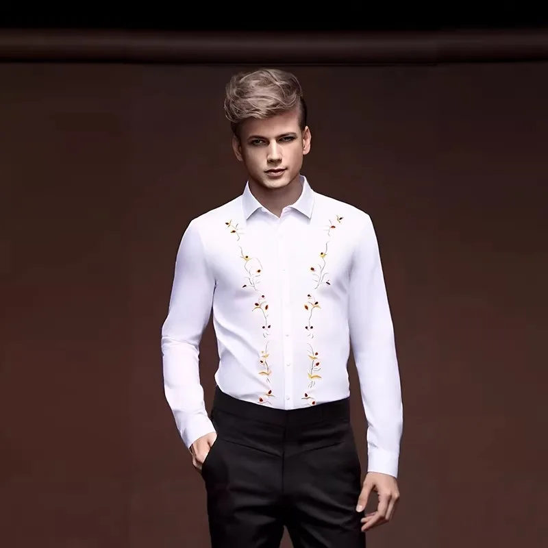 Men's White Long Sleeve Dress Shirt with Gold Floral Embroidery Slim Fit Formal Shirt for Wedding Party Business Banquet
Men's White Long Sleeve Dress Shirt with Gold Floral Embroidery Slim Fit Formal Shirt for Wedding Party Business Banquet
