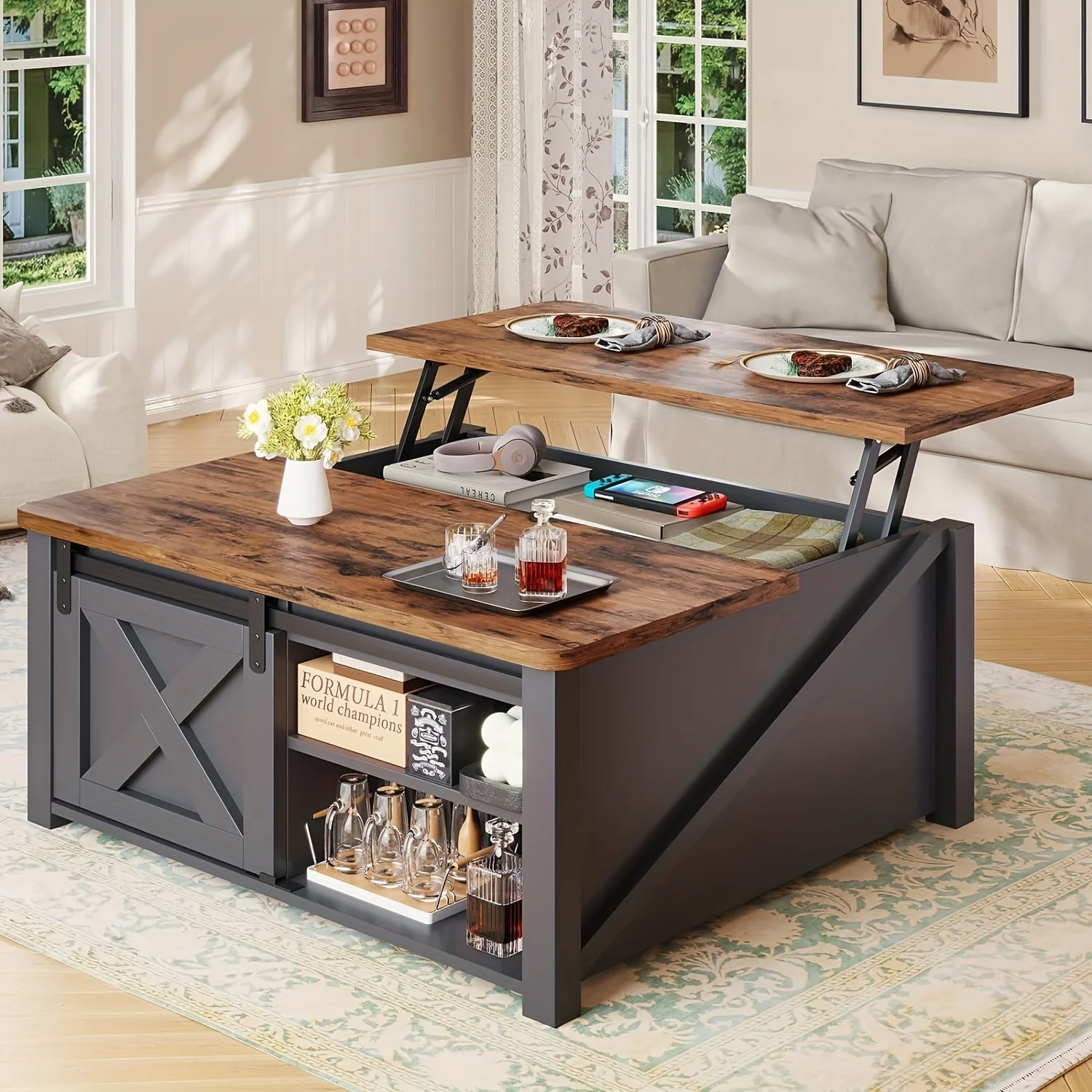 Farmhouse Lift Top Coffee Table with Storage, Square Coffee Table with Large Hidden Storage Compartment And Adjustable Shelves
Farmhouse Lift Top Coffee Table with Storage, Square Coffee Table with Large Hidden Storage Compartment And Adjustable Shelves