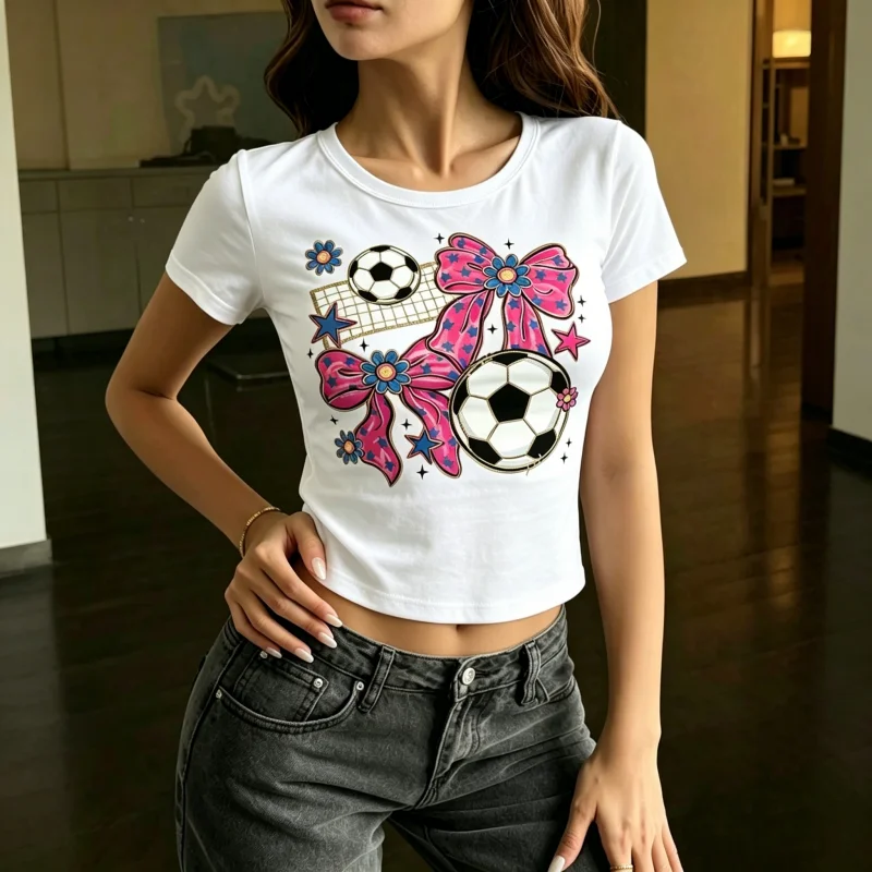 2026 Spring Summer Women's Cotton Soccer Bow Print Y2K Style Short Sleeve Fitted Crop Top T-Shirt
2026 Spring Summer Women's Cotton Soccer Bow Print Y2K Style Short Sleeve Fitted Crop Top T-Shirt
