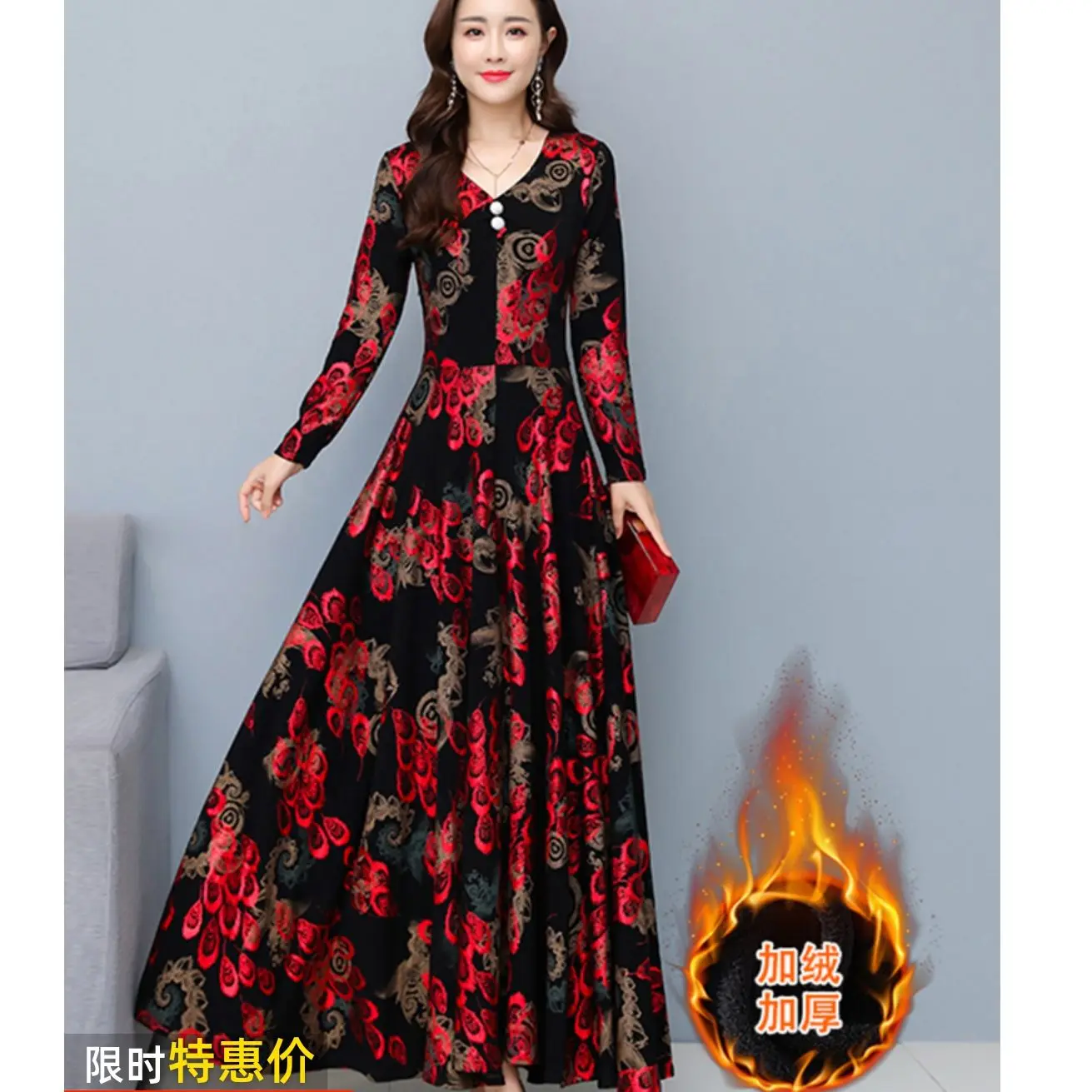 Elegant A-line Patchwork Dress Women Casual V-collar High Waist Long Printing Female Thick Vintage Party es T186
Elegant A-line Patchwork Dress Women Casual V-collar High Waist Long Printing Female Thick Vintage Party es T186
