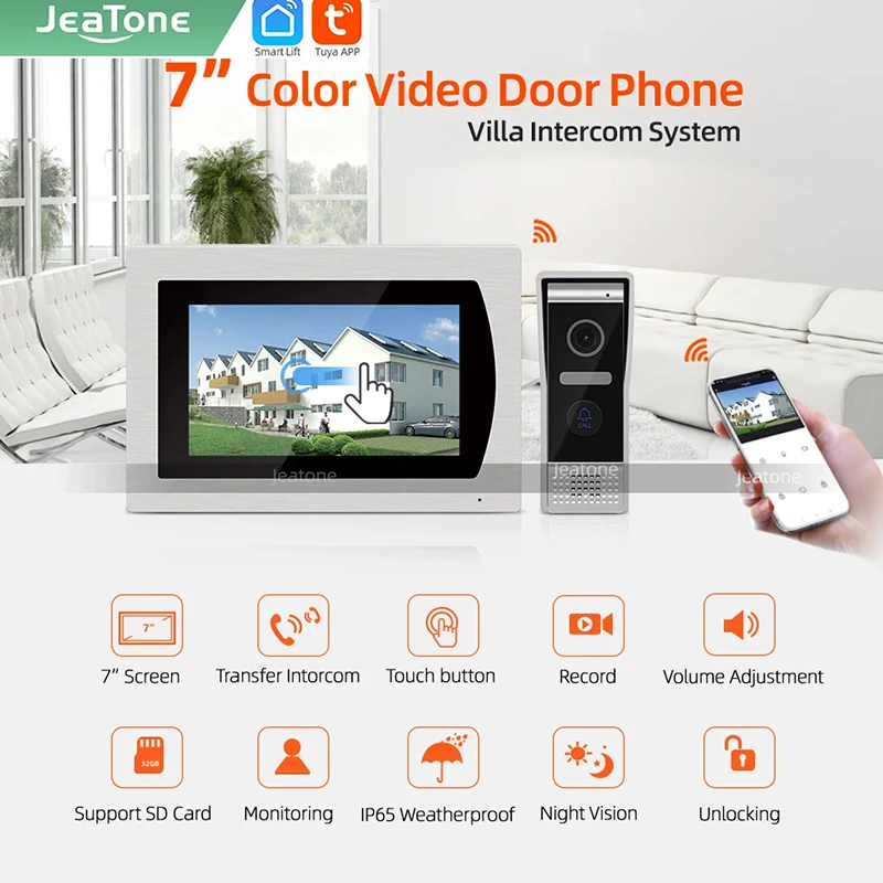 Jeatone 7inch Video Door Phone Intercom Doorbell Tuya Smart Door Eye Camera Wireless WiFi Apartment Alarm Access Control System
Jeatone 7inch Video Door Phone Intercom Doorbell Tuya Smart Door Eye Camera Wireless WiFi Apartment Alarm Access Control System