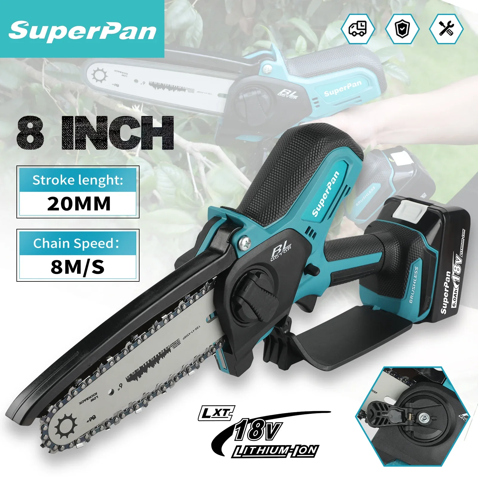 Высокоскоростная мини-цепная пила Superpan 8 м/с — 6-дюймовая бесщеточная электрическая пила для работы одной рукой, совместимая с аккумулятором Makita 18 В
Высокоскоростная мини-цепная пила Superpan 8 м/с — 6-дюймовая бесщеточная электрическая пила для работы одной рукой, совместимая с аккумулятором Makita 18 В