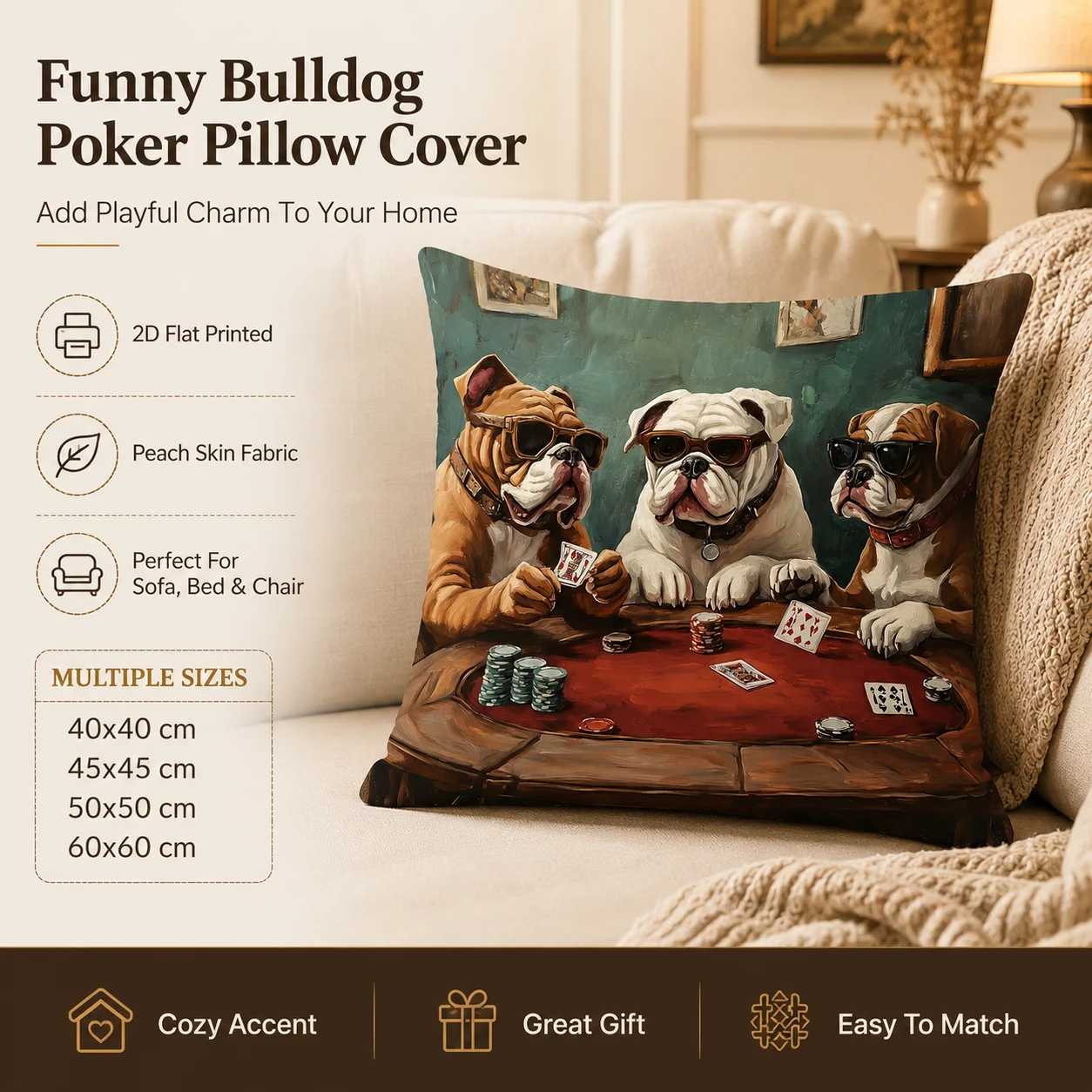Funny Bulldog Poker Pillowcase 2D Flat Printed Peach Skin Dogs Playing Cards Cushion Cover for Sofa Game Room Home Decor
Funny Bulldog Poker Pillowcase 2D Flat Printed Peach Skin Dogs Playing Cards Cushion Cover for Sofa Game Room Home Decor