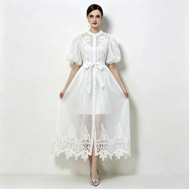 Summer Elegant Lace Prom Dress with Flower Embroidery Patchwork Stand Puff Sleeve Single Breasted Sashes Lace up Long Vestido fo
Summer Elegant Lace Prom Dress with Flower Embroidery Patchwork Stand Puff Sleeve Single Breasted Sashes Lace up Long Vestido fo