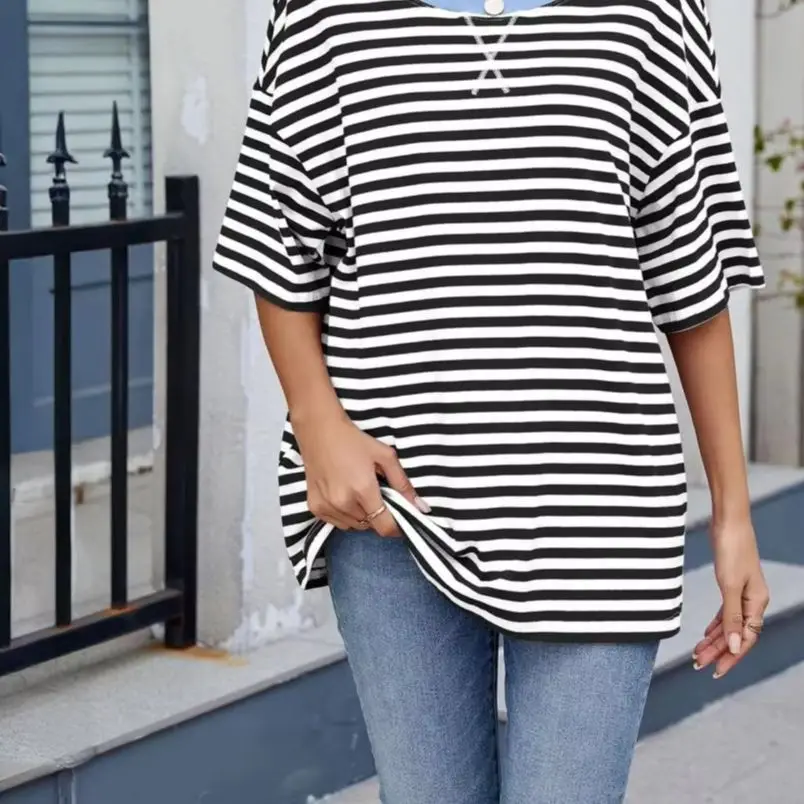 Women T-shirt Loose Fit Striped Print Round Neck Short Sleeve Tee Tops Elastic Fit Summer Pullover Tops Soft Cotton Women T-shir
Women T-shirt Loose Fit Striped Print Round Neck Short Sleeve Tee Tops Elastic Fit Summer Pullover Tops Soft Cotton Women T-shir