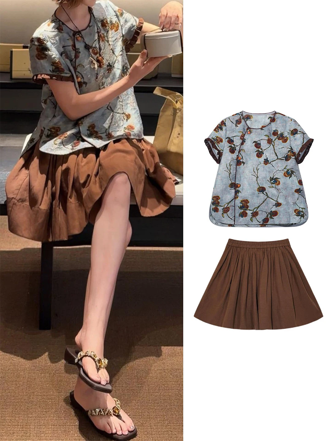 New Chinese Style Women's Summer Vintage Floral Print Short Sleeve Shirt And High Waist A-Line Skirt Two-Piece Set
New Chinese Style Women's Summer Vintage Floral Print Short Sleeve Shirt And High Waist A-Line Skirt Two-Piece Set