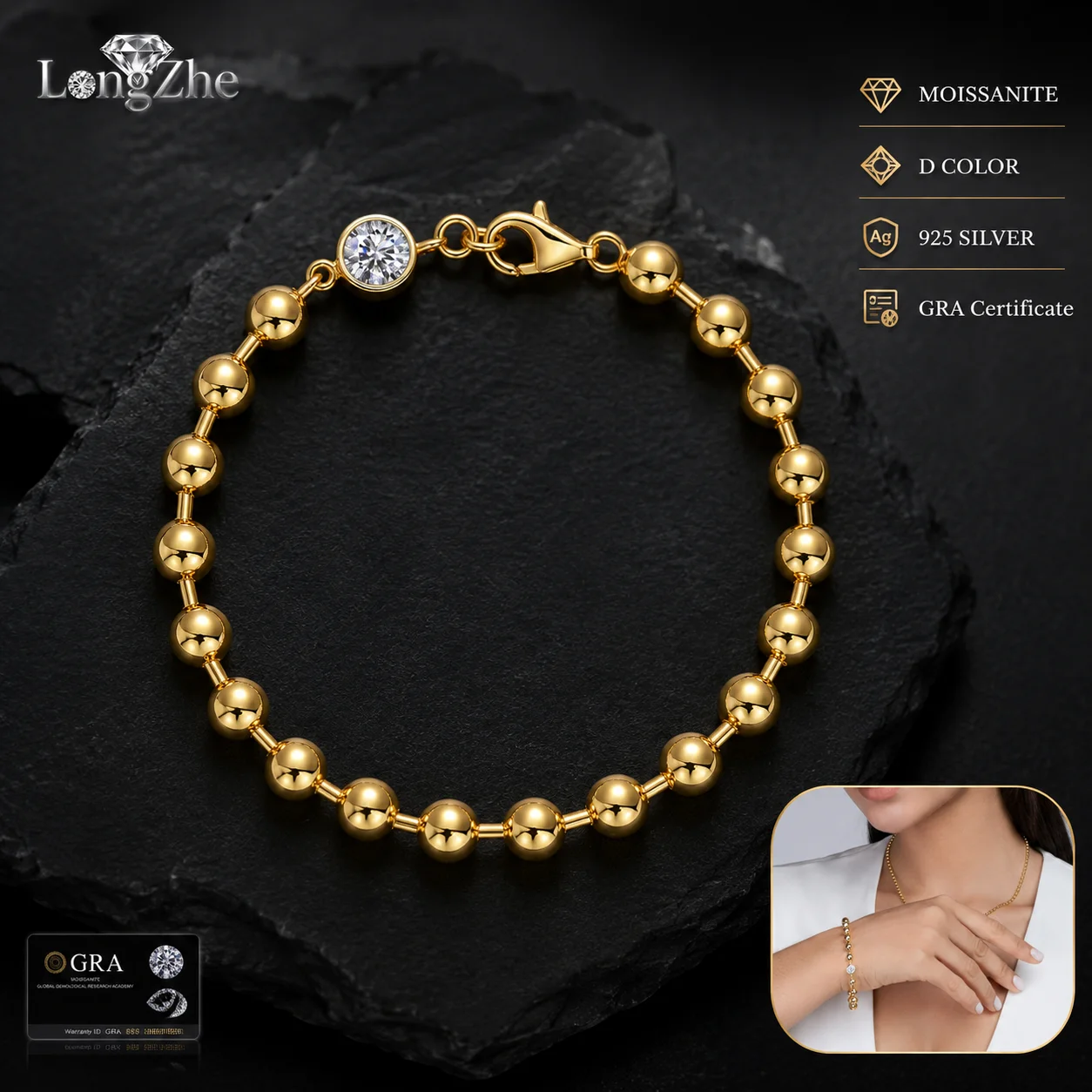 S925 Sterling Silver Moissanite Bracelet 1CT Round Cut Gold Color Beaded Chain 19cm for Women Anniversary Fine Jewelry Gift
S925 Sterling Silver Moissanite Bracelet 1CT Round Cut Gold Color Beaded Chain 19cm for Women Anniversary Fine Jewelry Gift