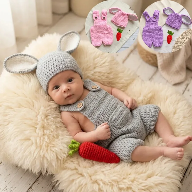 Crochet Newborn Photography Props Baby Girl Rabbit Outfit Bunny Ear Hat Suspender Romper Carrot Set Infant Posing Accessories
Crochet Newborn Photography Props Baby Girl Rabbit Outfit Bunny Ear Hat Suspender Romper Carrot Set Infant Posing Accessories