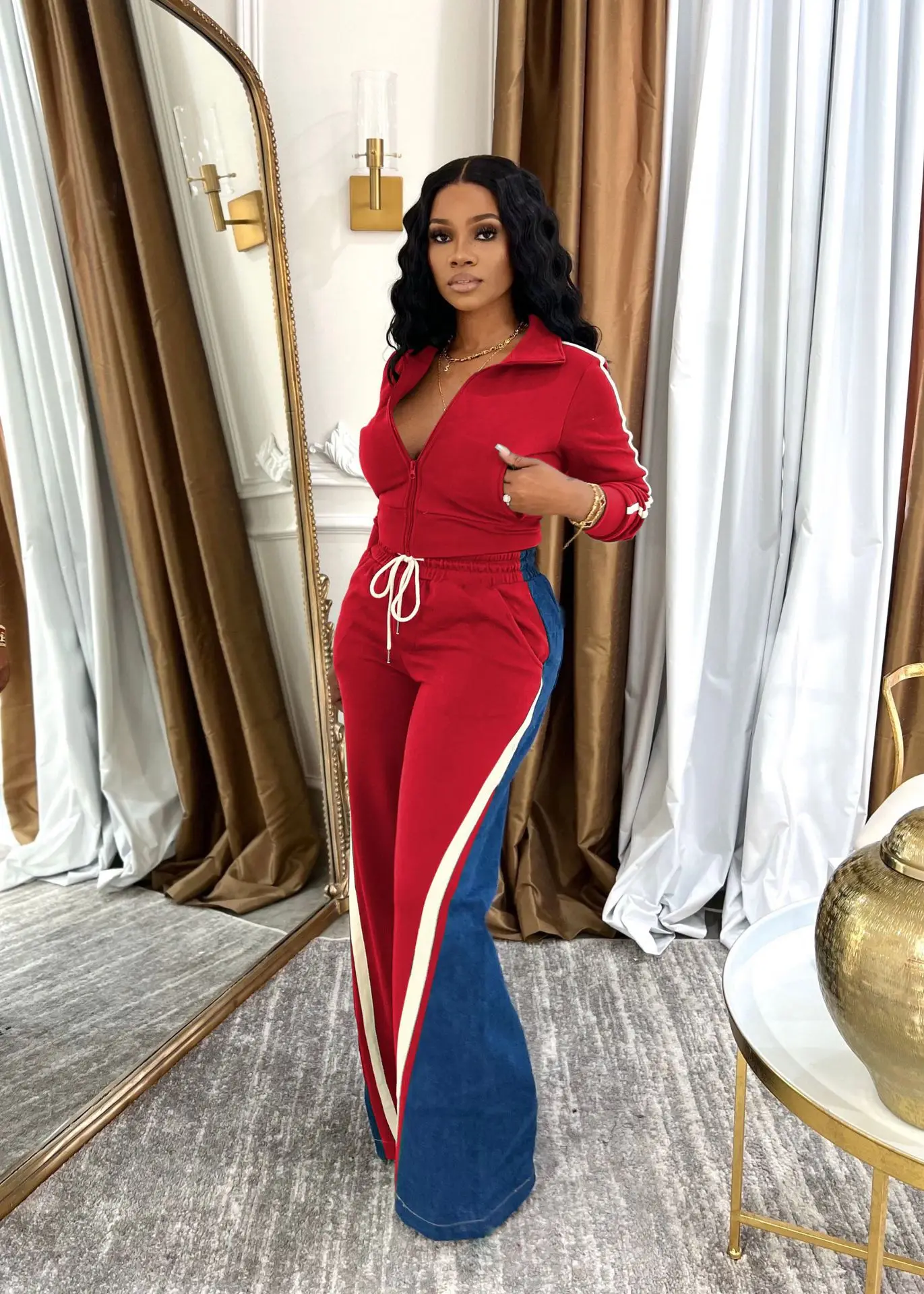 Women Set Long Sleeve V-neck Jackets + Denim Patchwork Pant Suits 2025 Two 2 Piece Sets Sporty Tracksuits Street Outfits
Women Set Long Sleeve V-neck Jackets + Denim Patchwork Pant Suits 2025 Two 2 Piece Sets Sporty Tracksuits Street Outfits