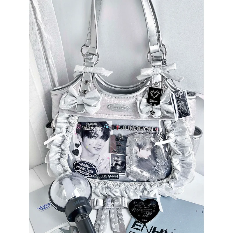 Silver Kawaii Ita Shoulder Bag, Clear Window Handbag with Lace Ruffle & Bow Detail, Lolita Style for Pin & Doll Display
Silver Kawaii Ita Shoulder Bag, Clear Window Handbag with Lace Ruffle & Bow Detail, Lolita Style for Pin & Doll Display