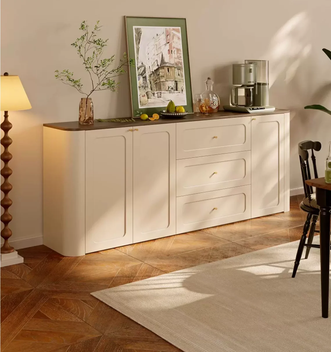 #Modern Solid Wood Sideboard & Chest Drawers Combo Compact Dining Room Storage Unit Curved Design Cream Finish 4 Ft Capacity
#Modern Solid Wood Sideboard & Chest Drawers Combo Compact Dining Room Storage Unit Curved Design Cream Finish 4 Ft Capacity