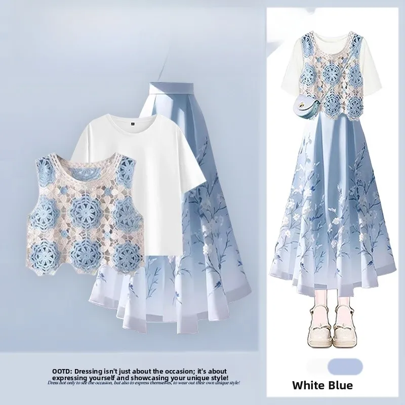 Elegant Summer Three-Piece Set Women's Ethnic Style Hollow out Vest T-Shirt with Casual Skirt Fashionable Ensemble
Elegant Summer Three-Piece Set Women's Ethnic Style Hollow out Vest T-Shirt with Casual Skirt Fashionable Ensemble