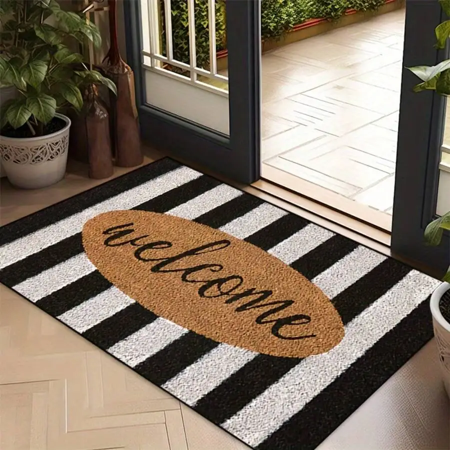 1pc 16"*24"18"*30" Non-Slip Welcome Doormat With Rubber Backing - Machine Washable Polyester Entry Mat, Grey Black Vertical Stri
1pc 16"*24"18"*30" Non-Slip Welcome Doormat With Rubber Backing - Machine Washable Polyester Entry Mat, Grey Black Vertical Stri