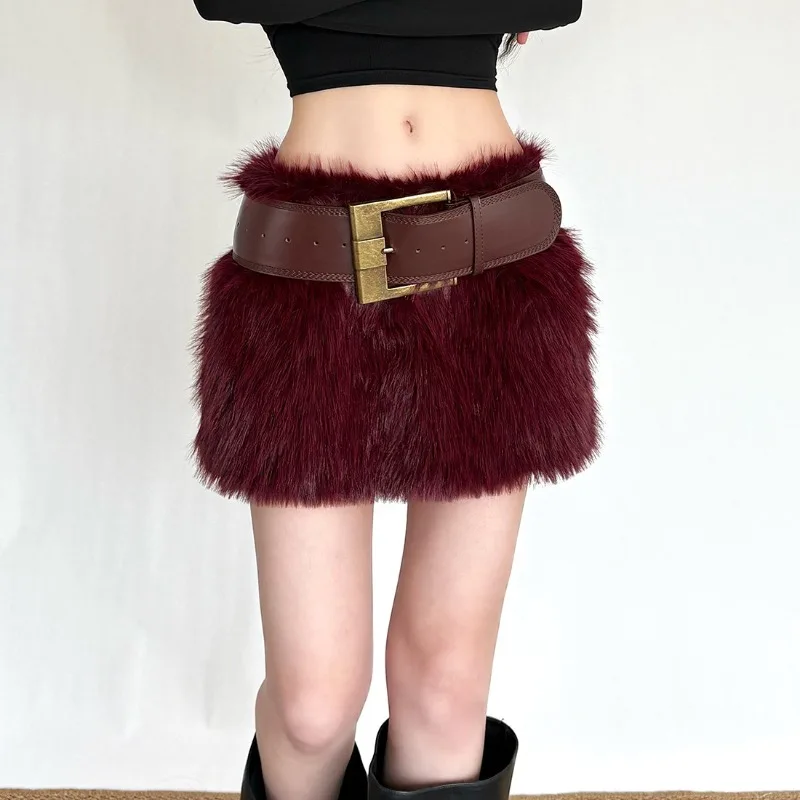 Winter Fashion High Waist Furry Skirt for Spicy Girl Stylish Slim Short Bodycon Skirt with Belt Women's Chic Burgundy Skirts
Winter Fashion High Waist Furry Skirt for Spicy Girl Stylish Slim Short Bodycon Skirt with Belt Women's Chic Burgundy Skirts