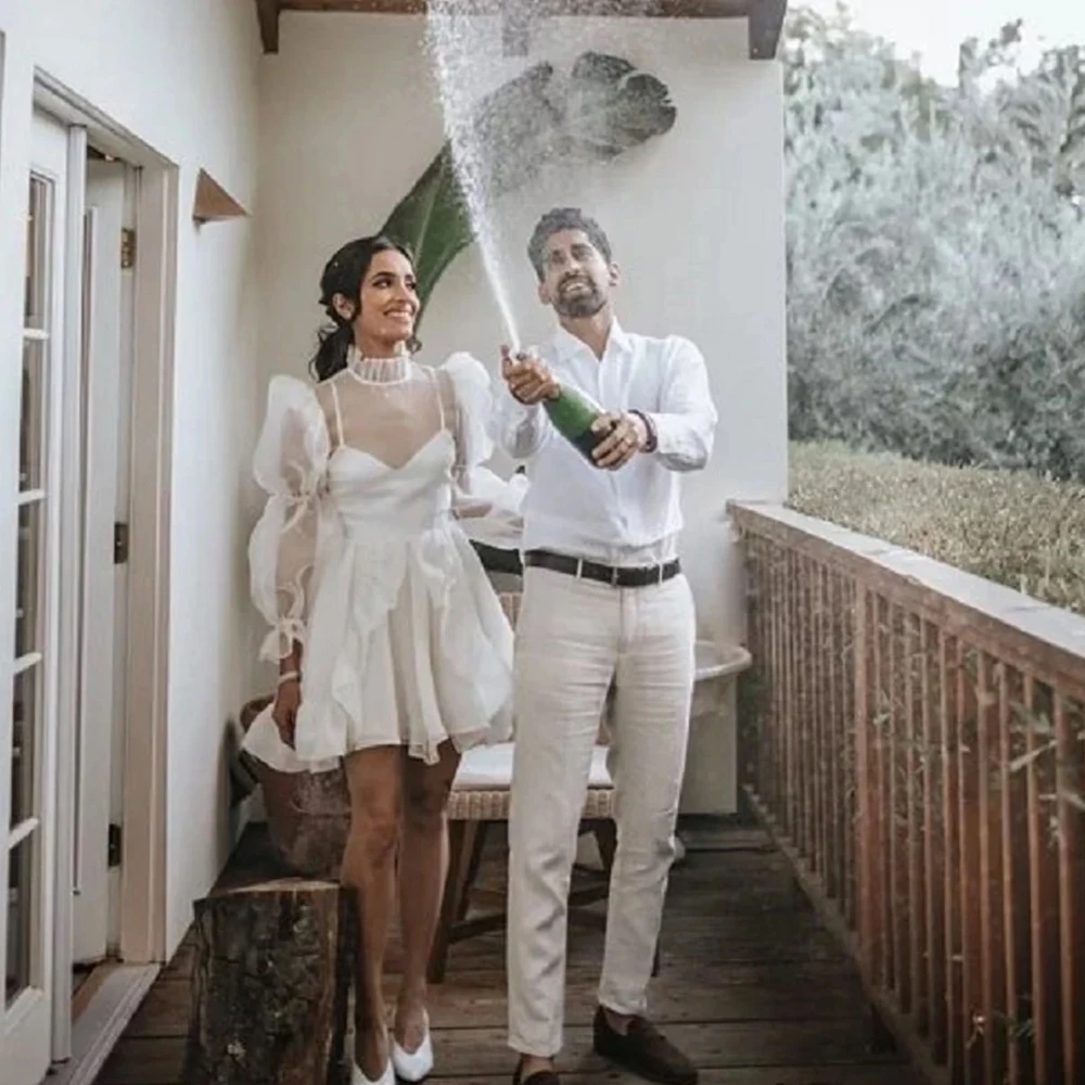 Elegant High Collar Short Wedding Dresses Long Fluffy Sleeves Appliques Beautiful Sweet Bridal Gowns Lace A Line Custom Made
Elegant High Collar Short Wedding Dresses Long Fluffy Sleeves Appliques Beautiful Sweet Bridal Gowns Lace A Line Custom Made