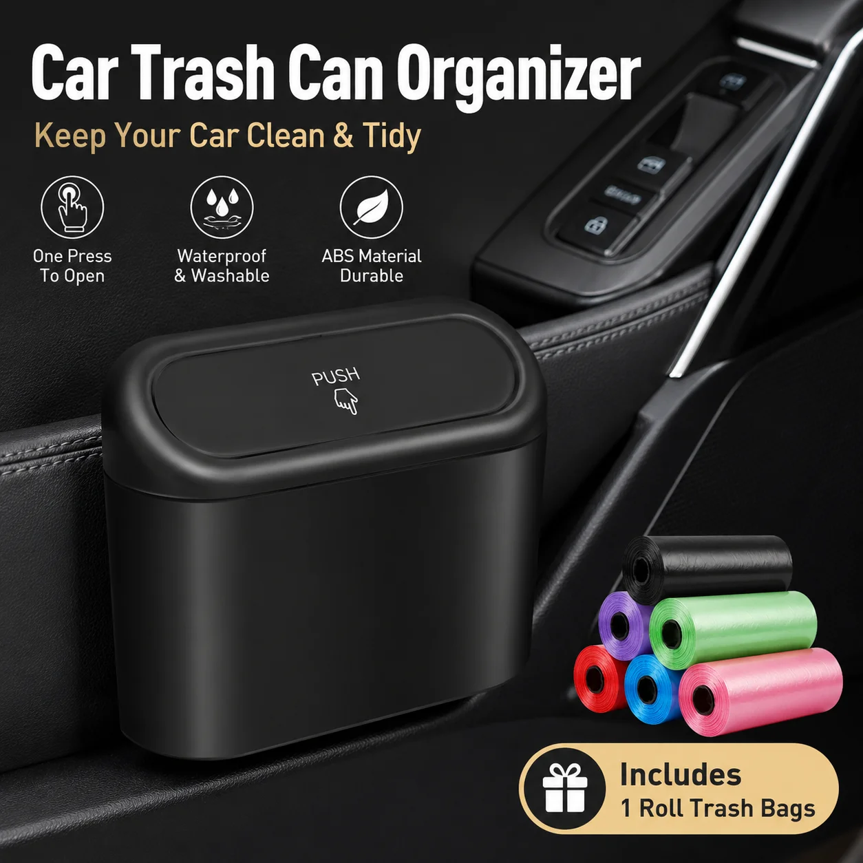 Car Trash Can Organizer ABS Waterproof Clip-On Mini Vehicle Garbage Bin for Door Seat Back Console with Push Lid Trash Bag Roll
Car Trash Can Organizer ABS Waterproof Clip-On Mini Vehicle Garbage Bin for Door Seat Back Console with Push Lid Trash Bag Roll