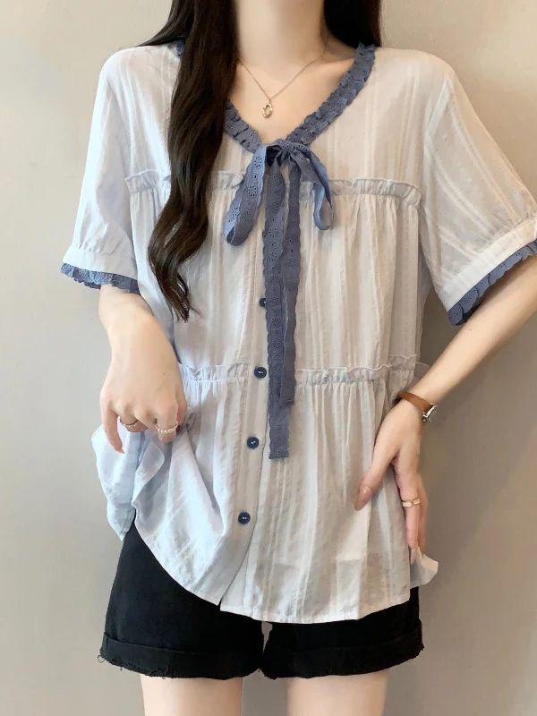 Light Blue Wooden V-neck Short Sleeve Women's Shirt Summer New Style plus Size Doll Top Korean Style Loose Fit Commute
Light Blue Wooden V-neck Short Sleeve Women's Shirt Summer New Style plus Size Doll Top Korean Style Loose Fit Commute