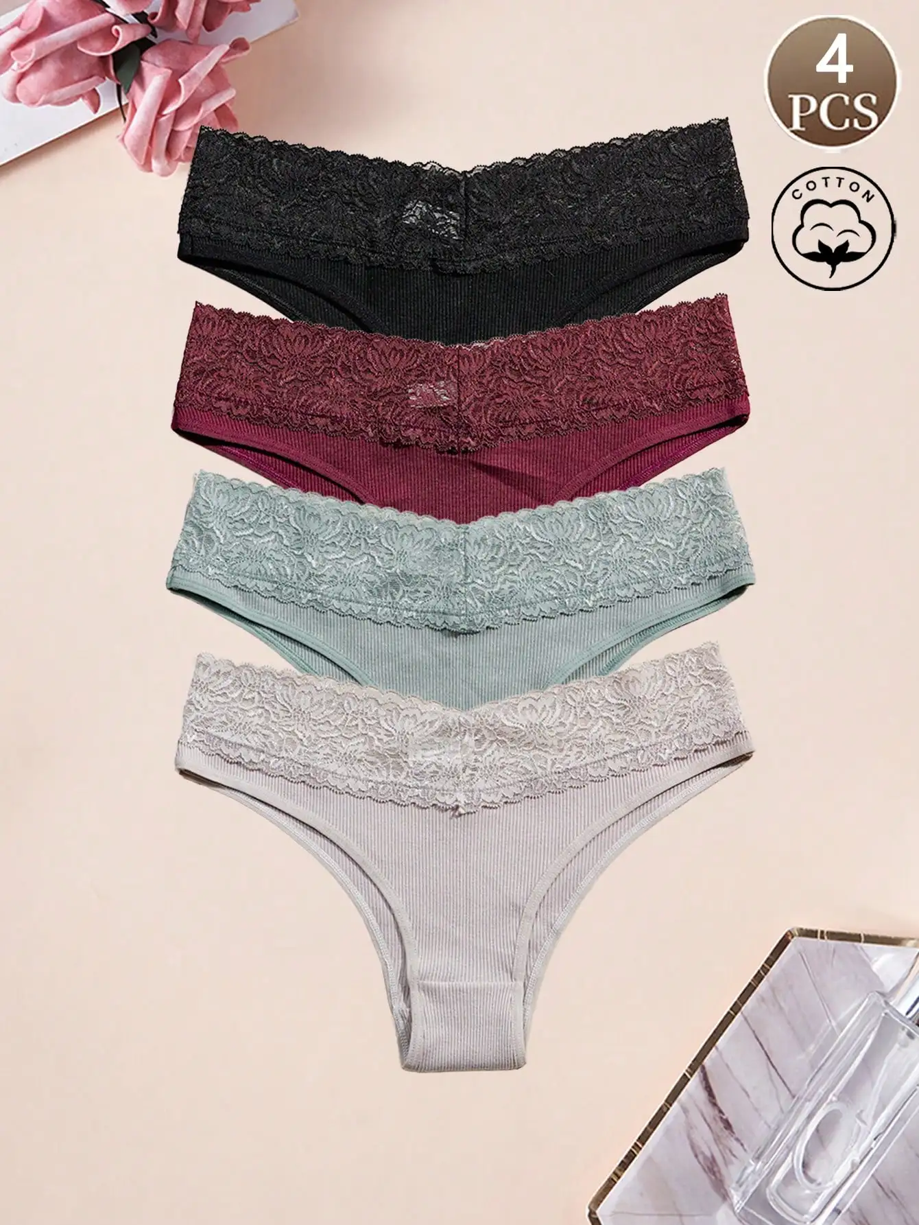 4 PCS women's pantiessexylace waistbandcotton underwear sweet solid color soft and comfortable panties suitable for dailycommuti
4 PCS women's pantiessexylace waistbandcotton underwear sweet solid color soft and comfortable panties suitable for dailycommuti