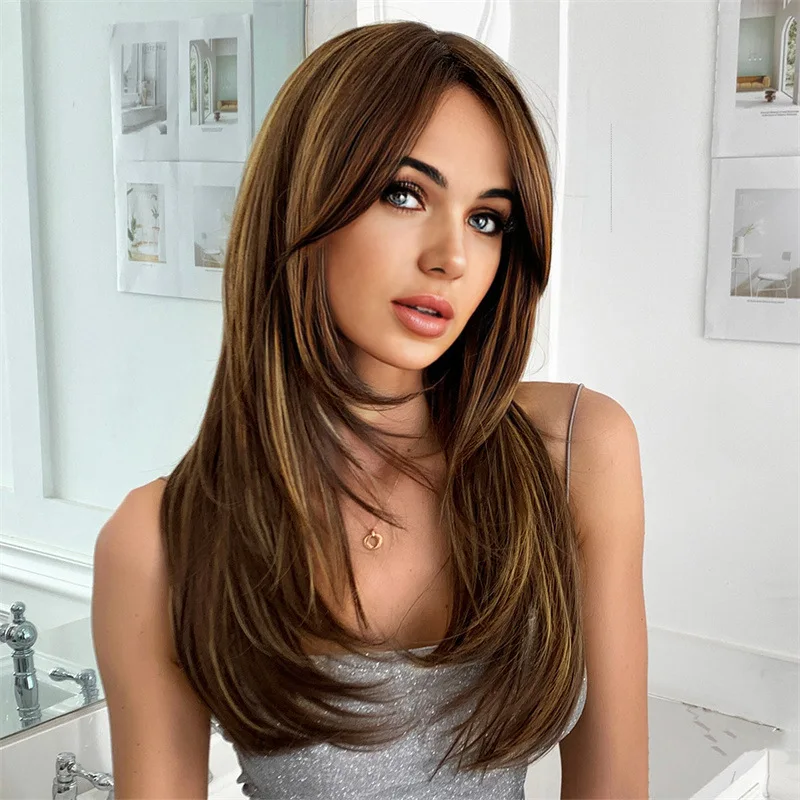 Fashion new synthetic fiber wig for women brown highlights medium long curly high temperature silk full head cover
Fashion new synthetic fiber wig for women brown highlights medium long curly high temperature silk full head cover