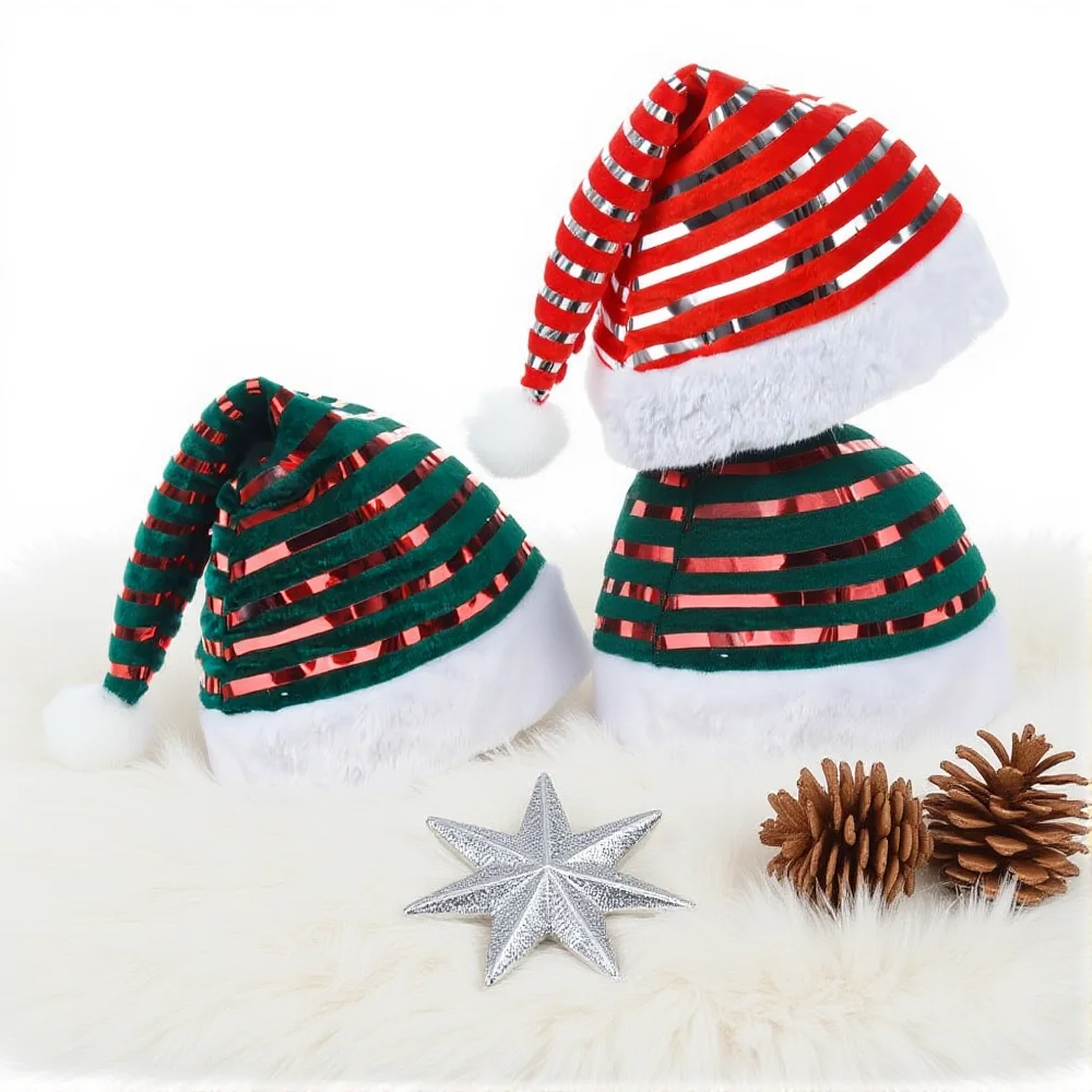 Christmas Hats With Shiny Stripes - Red & Green Velvet Santa Caps With White Faux Fur Trim, Festive Headwear For Christmas
Christmas Hats With Shiny Stripes - Red & Green Velvet Santa Caps With White Faux Fur Trim, Festive Headwear For Christmas