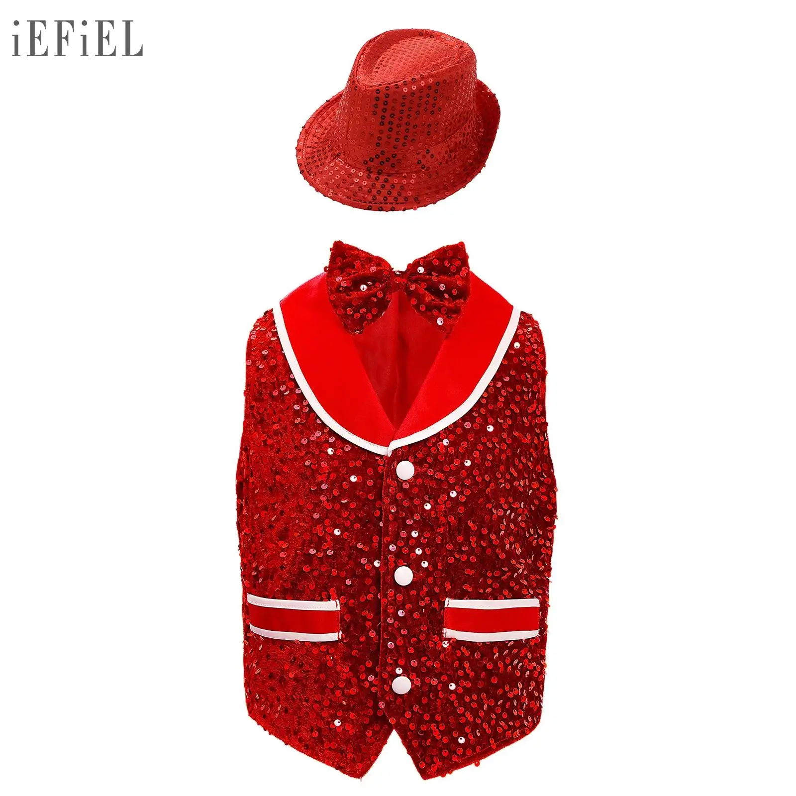 Unisex Kids Boys Girls Dance Waistcoat Party Performance Costume Sparkling Sequins Velvet Sleeveless Vest with Bowtie and Hat
Unisex Kids Boys Girls Dance Waistcoat Party Performance Costume Sparkling Sequins Velvet Sleeveless Vest with Bowtie and Hat