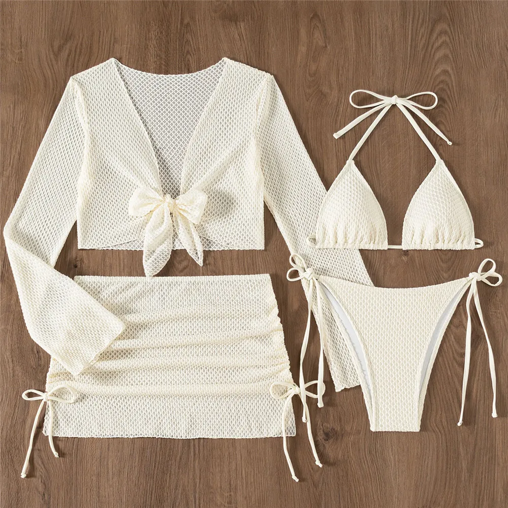 Beige Mesh Halter String Triangle Micro Thong Bikinis Sets 4 Pieces Long Sleeve Cover Ups Sexy Swimsuit Women Holiday Swimwear
Beige Mesh Halter String Triangle Micro Thong Bikinis Sets 4 Pieces Long Sleeve Cover Ups Sexy Swimsuit Women Holiday Swimwear