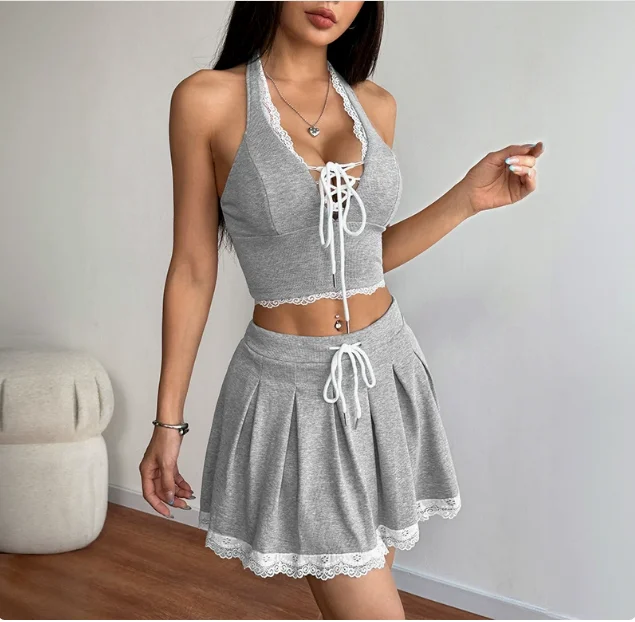 Two Piece Set Women Outfit 2026 Spring Summer New Halter Deep V-Neck Backless Crop Cami Top & High Waist Casual Short Skirt Set
Two Piece Set Women Outfit 2026 Spring Summer New Halter Deep V-Neck Backless Crop Cami Top & High Waist Casual Short Skirt Set