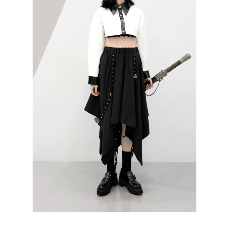 Irregular Skirt Girl's New Dark Tie Street Punk Wind Weave Buckle Medium-length Y2k Gothic Long Skirt 
Irregular Skirt Girl's New Dark Tie Street Punk Wind Weave Buckle Medium-length Y2k Gothic Long Skirt