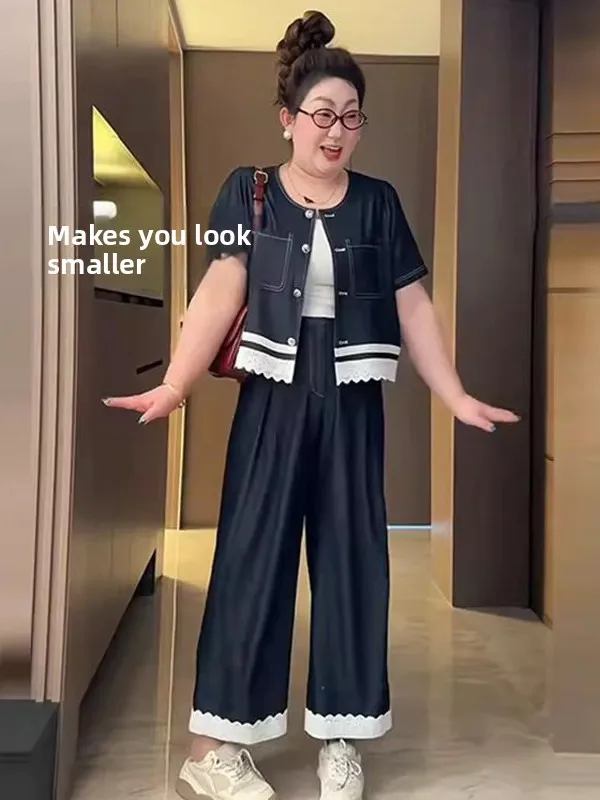 plus Size Casual Fashionable Denim Lace Patchwork Top Bottoms Two-Piece Set Women Summer High Waist Nine-Piece Pants Polyeste...
plus Size Casual Fashionable Denim Lace Patchwork Top Bottoms Two-Piece Set Women Summer High Waist Nine-Piece Pants Polyeste...